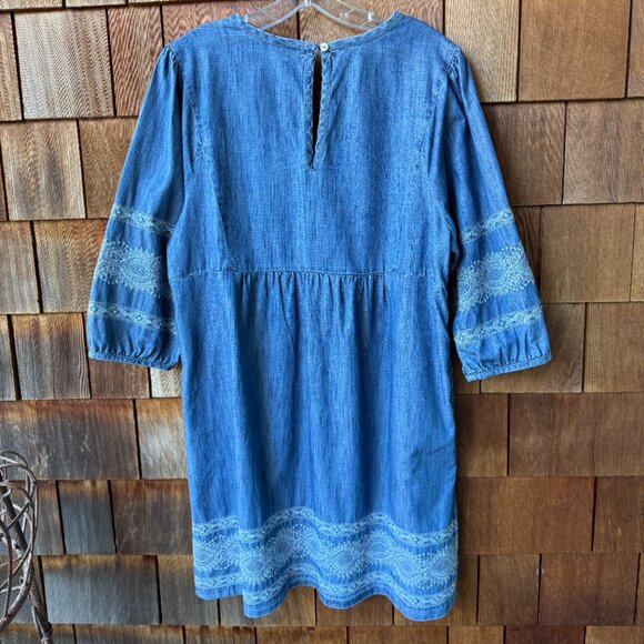 J Jill Denim Blue Boho Embroidered Dress Shift 3/4 Sleeve V-Neck - Petite Large - Picture 6 of 13